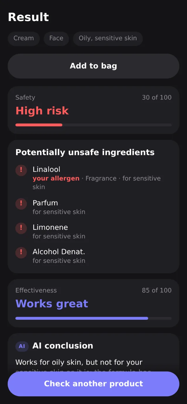 Result of a cream check: high risk, allergens and triggers for sensitive skin, effectiveness score
